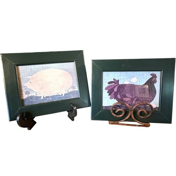 Vintage Warren Kimble Framed Print Pig Mama Chicken Chicks Folk Art Green - Picture 10 of 10